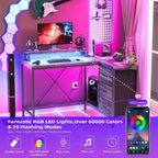 Bureau de jeu en L avec lumières LED, prises électriques, tiroirs et étagères, bureau d'angle pour ordinateur pour bureau à domicile, noir