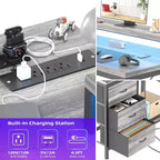 Bureau de jeu en L avec lumières LED, prises électriques, tiroirs et étagères, bureau d'angle pour ordinateur pour bureau à domicile, noir