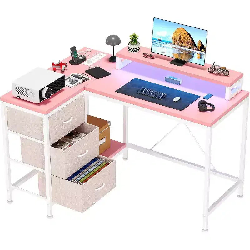 Bureau de jeu en L avec lumières LED, prises électriques, tiroirs et étagères, bureau d'angle pour ordinateur pour bureau à domicile, noir