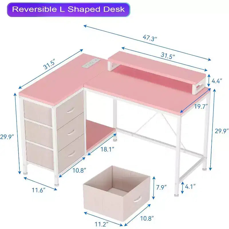 Bureau de jeu en L avec lumières LED, prises électriques, tiroirs et étagères, bureau d'angle pour ordinateur pour bureau à domicile, noir