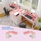 Bureau de jeu en L avec lumières LED, prises électriques, tiroirs et étagères, bureau d'angle pour ordinateur pour bureau à domicile, noir