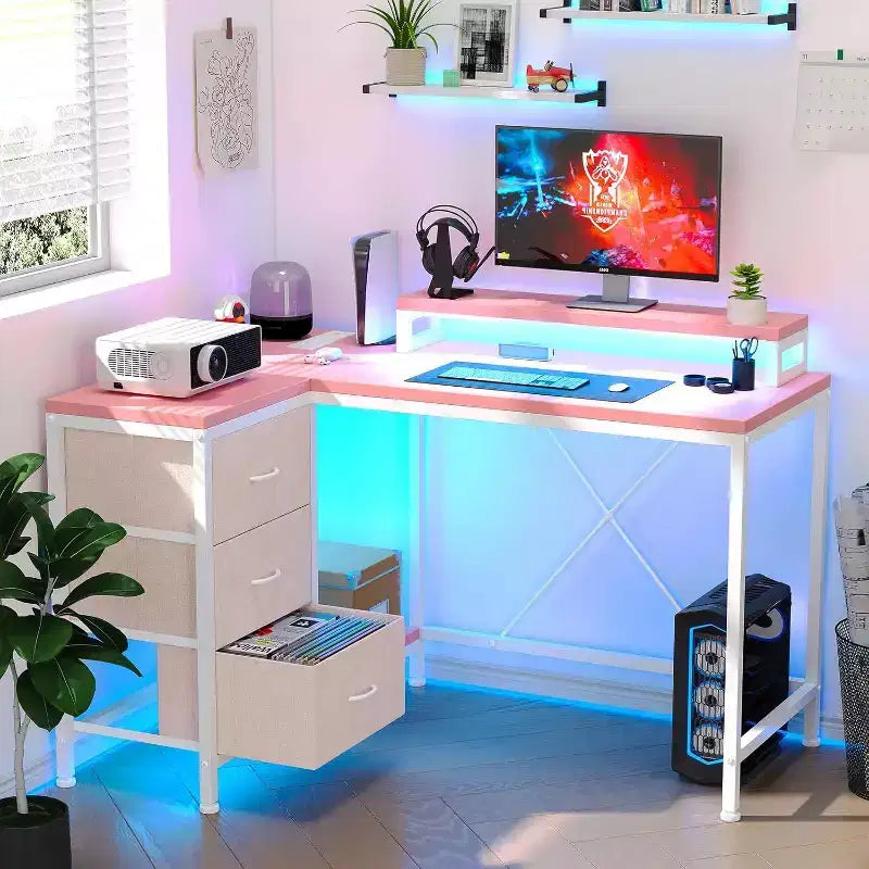 Bureau de jeu en L avec lumières LED, prises électriques, tiroirs et étagères, bureau d'angle pour ordinateur pour bureau à domicile, noir
