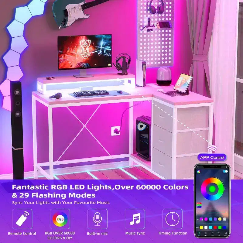 Bureau de jeu en L avec lumières LED, prises électriques, tiroirs et étagères, bureau d'angle pour ordinateur pour bureau à domicile, noir