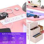 Bureau de jeu en L avec lumières LED, prises électriques, tiroirs et étagères, bureau d'angle pour ordinateur pour bureau à domicile, noir