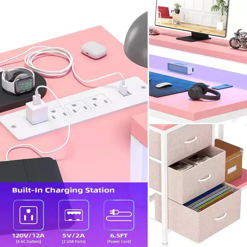 Bureau de jeu en L avec lumières LED, prises électriques, tiroirs et étagères, bureau d'angle pour ordinateur pour bureau à domicile, noir
