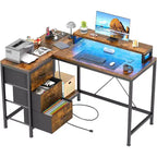 Bureau de jeu en L avec lumières LED, prises électriques, tiroirs et étagères, bureau d'angle pour ordinateur pour bureau à domicile, noir