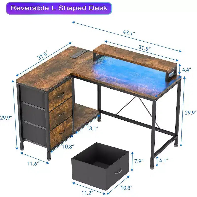 Bureau de jeu en L avec lumières LED, prises électriques, tiroirs et étagères, bureau d'angle pour ordinateur pour bureau à domicile, noir