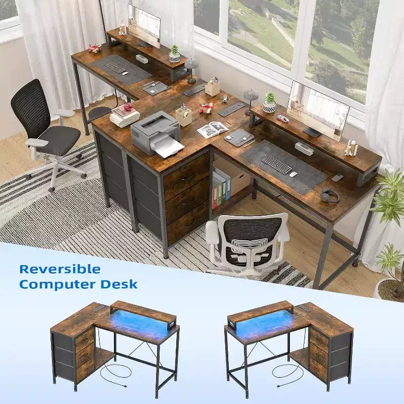 Bureau de jeu en L avec lumières LED, prises électriques, tiroirs et étagères, bureau d'angle pour ordinateur pour bureau à domicile, noir