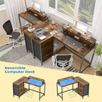 Bureau de jeu en L avec lumières LED, prises électriques, tiroirs et étagères, bureau d'angle pour ordinateur pour bureau à domicile, noir