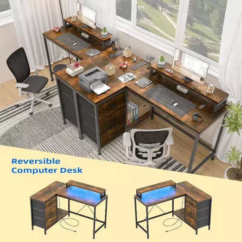 Bureau de jeu en L avec lumières LED, prises électriques, tiroirs et étagères, bureau d'angle pour ordinateur pour bureau à domicile, noir