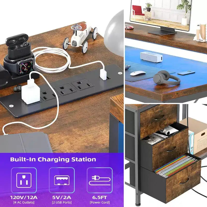 Bureau de jeu en L avec lumières LED, prises électriques, tiroirs et étagères, bureau d'angle pour ordinateur pour bureau à domicile, noir