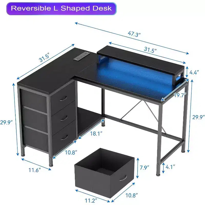 Bureau de jeu en L avec lumières LED, prises électriques, tiroirs et étagères, bureau d'angle pour ordinateur pour bureau à domicile, noir