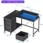 Bureau de jeu en L avec lumières LED, prises électriques, tiroirs et étagères, bureau d'angle pour ordinateur pour bureau à domicile, noir