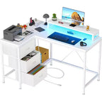 Bureau de jeu en L avec lumières LED, prises électriques, tiroirs et étagères, bureau d'angle pour ordinateur pour bureau à domicile, noir
