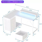 Bureau de jeu en L avec lumières LED, prises électriques, tiroirs et étagères, bureau d'angle pour ordinateur pour bureau à domicile, noir