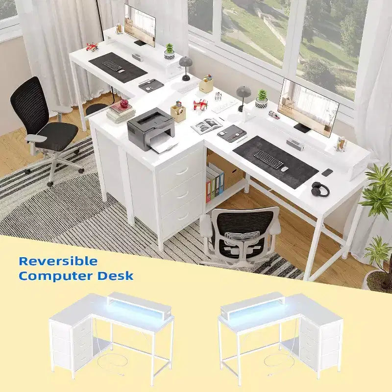 Bureau de jeu en L avec lumières LED, prises électriques, tiroirs et étagères, bureau d'angle pour ordinateur pour bureau à domicile, noir