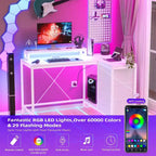 Bureau de jeu en L avec lumières LED, prises électriques, tiroirs et étagères, bureau d'angle pour ordinateur pour bureau à domicile, noir