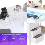 Bureau de jeu en L avec lumières LED, prises électriques, tiroirs et étagères, bureau d'angle pour ordinateur pour bureau à domicile, noir