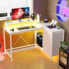 Bureau de jeu en L avec lumières LED, prises électriques, tiroirs et étagères, bureau d'angle pour ordinateur pour bureau à domicile, noir
