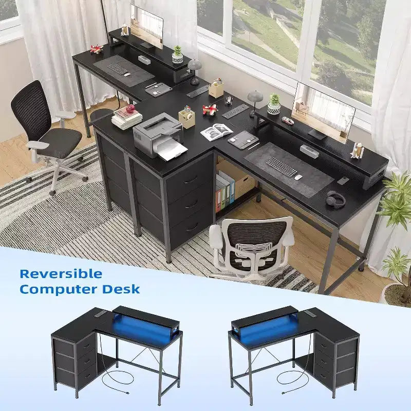 Bureau de jeu en L avec lumières LED, prises électriques, tiroirs et étagères, bureau d'angle pour ordinateur pour bureau à domicile, noir