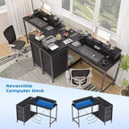 Bureau de jeu en L avec lumières LED, prises électriques, tiroirs et étagères, bureau d'angle pour ordinateur pour bureau à domicile, noir