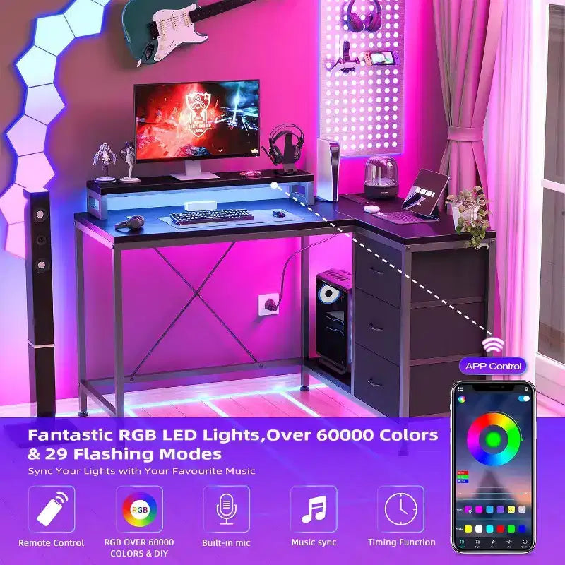 Bureau de jeu en L avec lumières LED, prises électriques, tiroirs et étagères, bureau d'angle pour ordinateur pour bureau à domicile, noir