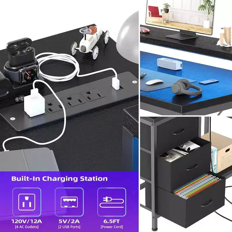 Bureau de jeu en L avec lumières LED, prises électriques, tiroirs et étagères, bureau d'angle pour ordinateur pour bureau à domicile, noir