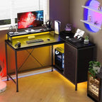 Bureau de jeu en L avec lumières LED, prises électriques, tiroirs et étagères, bureau d'angle pour ordinateur pour bureau à domicile, noir