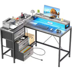 Bureau de jeu en L avec lumières LED, prises électriques, tiroirs et étagères, bureau d'angle pour ordinateur pour bureau à domicile, noir