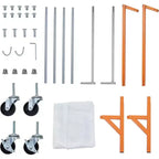 Portant à vêtements en Z sur roulettes, base orange ou noire, poteaux argentés, 2 housses de protection, pour présentation en magasin ou rangement dans un placard.