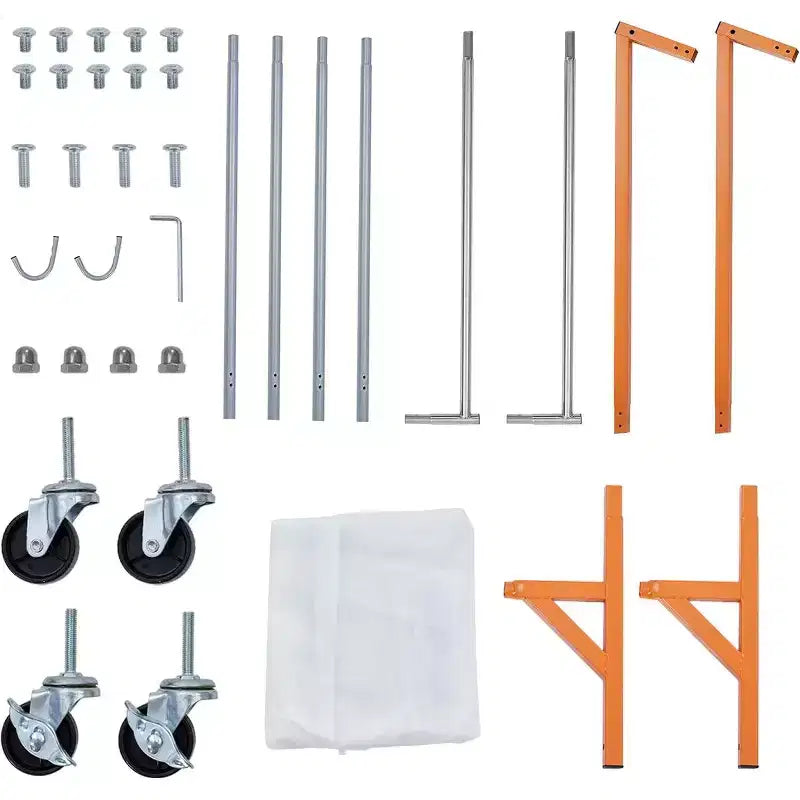 Portant à vêtements en Z sur roulettes, base orange ou noire, poteaux argentés, 2 housses de protection, pour présentation en magasin ou rangement dans un placard.