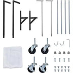 Portant à vêtements en Z sur roulettes, base orange ou noire, poteaux argentés, 2 housses de protection, pour présentation en magasin ou rangement dans un placard.