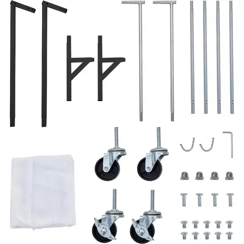 Portant à vêtements en Z sur roulettes, base orange ou noire, poteaux argentés, 2 housses de protection, pour présentation en magasin ou rangement dans un placard.