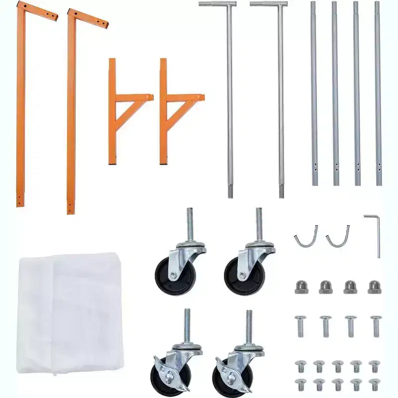 Portant à vêtements en Z sur roulettes, base orange ou noire, poteaux argentés, 2 housses de protection, pour présentation en magasin ou rangement dans un placard.