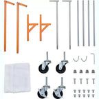 Portant à vêtements en Z sur roulettes, base orange ou noire, poteaux argentés, 2 housses de protection, pour présentation en magasin ou rangement dans un placard.