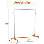 Portant à vêtements en Z sur roulettes, base orange ou noire, poteaux argentés, 2 housses de protection, pour présentation en magasin ou rangement dans un placard.