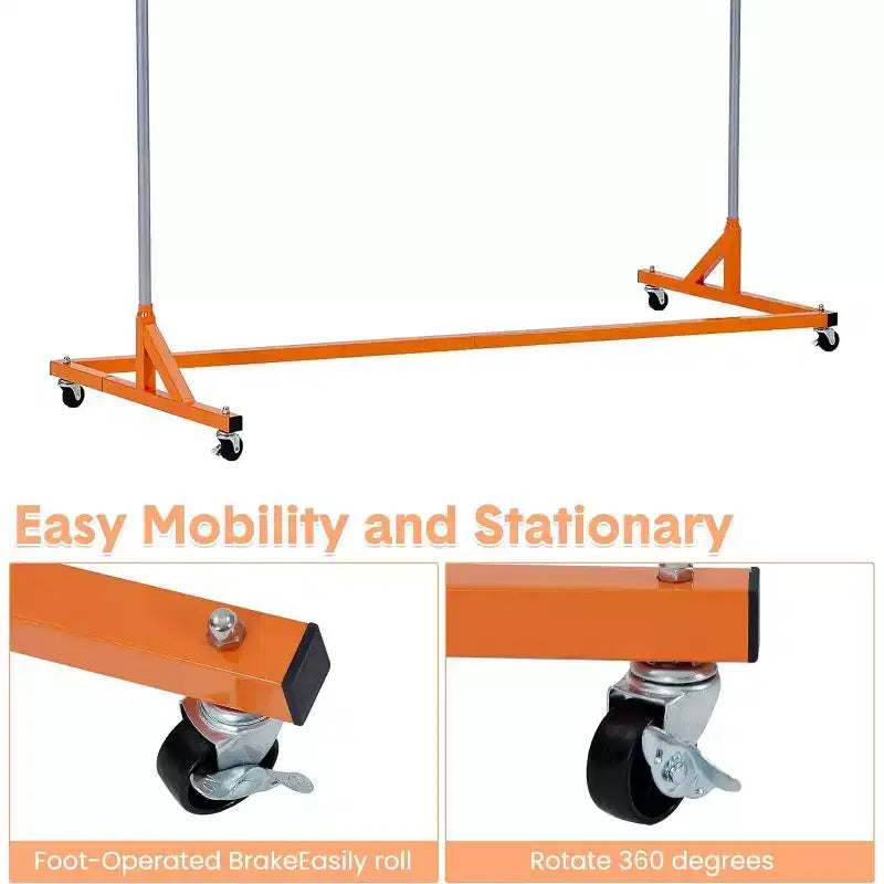 Portant à vêtements en Z sur roulettes, base orange ou noire, poteaux argentés, 2 housses de protection, pour présentation en magasin ou rangement dans un placard.