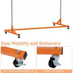 Portant à vêtements en Z sur roulettes, base orange ou noire, poteaux argentés, 2 housses de protection, pour présentation en magasin ou rangement dans un placard.