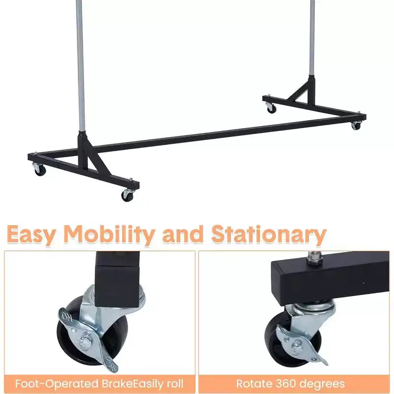 Portant à vêtements en Z sur roulettes, base orange ou noire, poteaux argentés, 2 housses de protection, pour présentation en magasin ou rangement dans un placard.