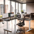 Bureau d'angle debout réglable en hauteur XL Electric, cadre blanc et plateau noir