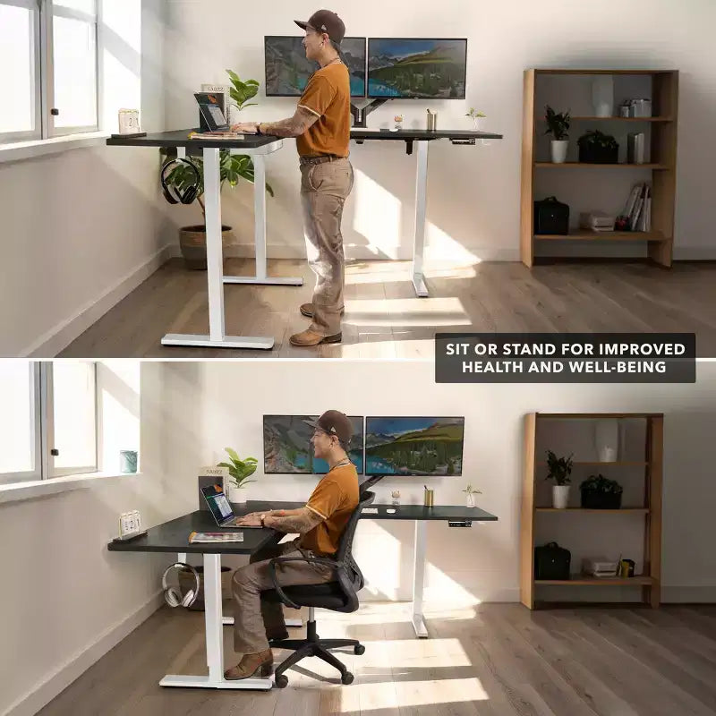 Bureau d'angle debout réglable en hauteur XL Electric, cadre blanc et plateau noir