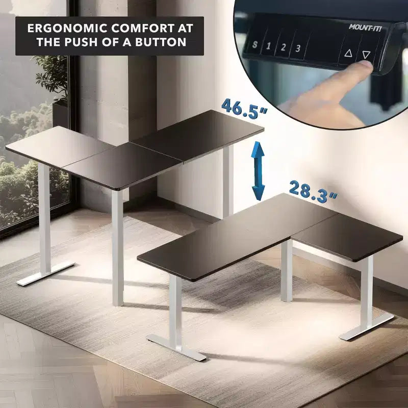 Bureau d'angle debout réglable en hauteur XL Electric, cadre blanc et plateau noir