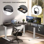 Bureau d'angle debout réglable en hauteur XL Electric, cadre blanc et plateau noir