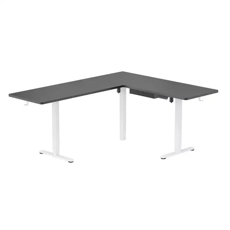 Bureau d'angle debout réglable en hauteur XL Electric, cadre blanc et plateau noir