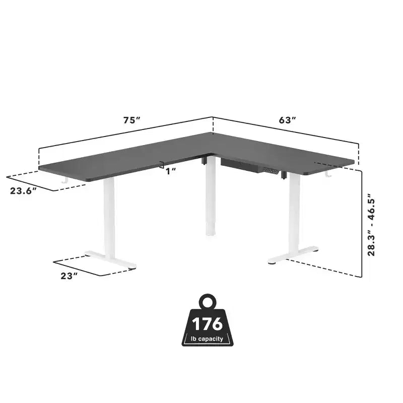Bureau d'angle debout réglable en hauteur XL Electric, cadre blanc et plateau noir