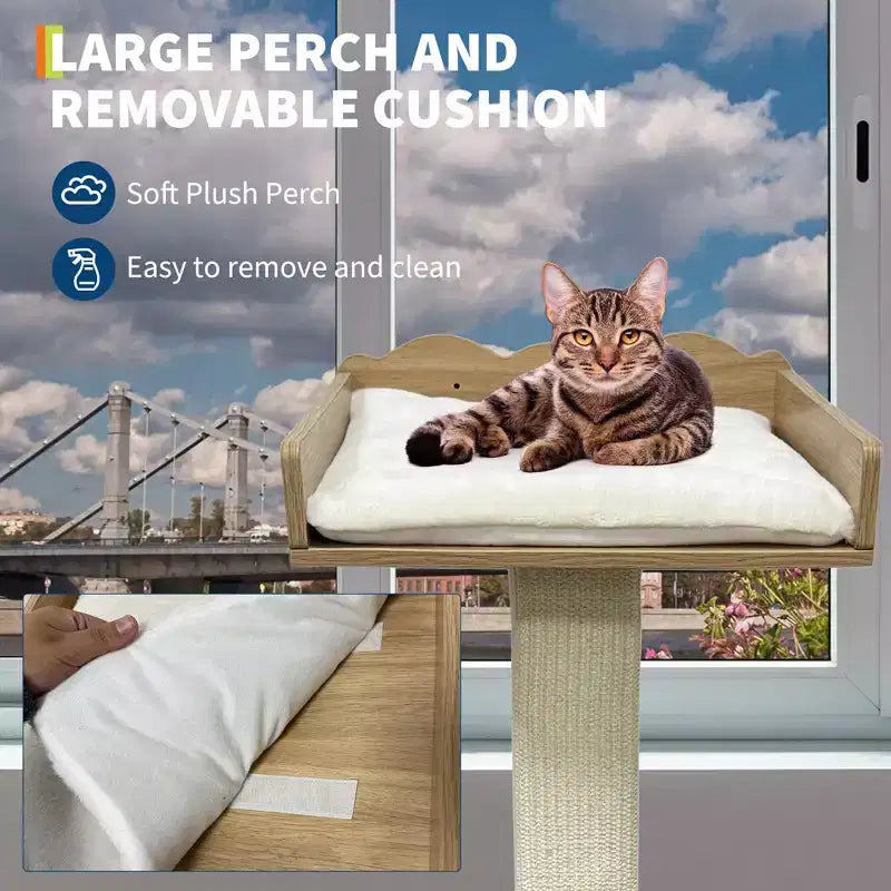 Perchoir de fenêtre pour chat, griffoir pour chat - 100 cm avec poteau en sisal, réglable en hauteur, 2 étagères murales, coussin amovible, ventouses pour petits espaces
