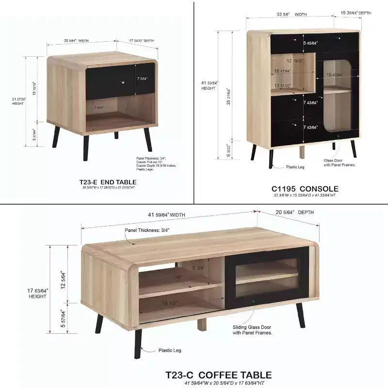 Ensemble de salon Nathan 3 pièces avec buffet, table basse et table d'appoint, rangement moderne, finition chêne/noir