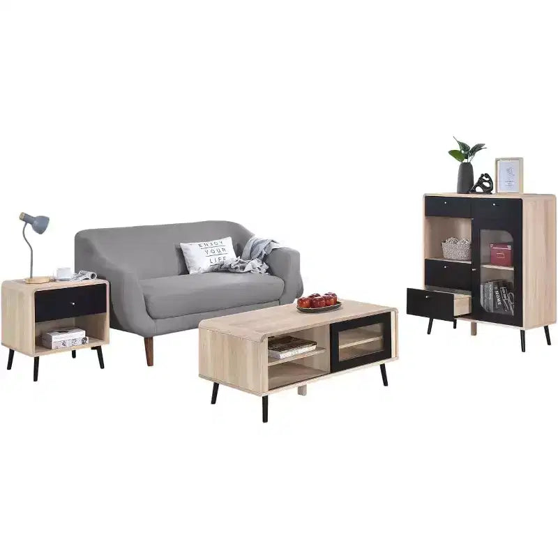 Ensemble de salon Nathan 3 pièces avec buffet, table basse et table d'appoint, rangement moderne, finition chêne/noir