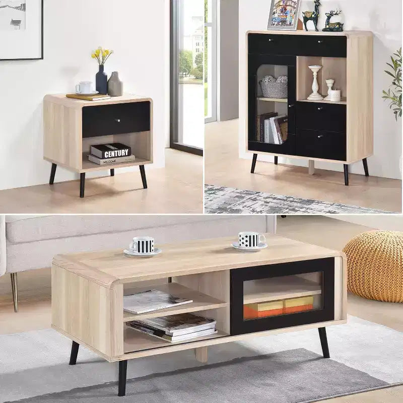 Ensemble de salon Nathan 3 pièces avec buffet, table basse et table d'appoint, rangement moderne, finition chêne/noir