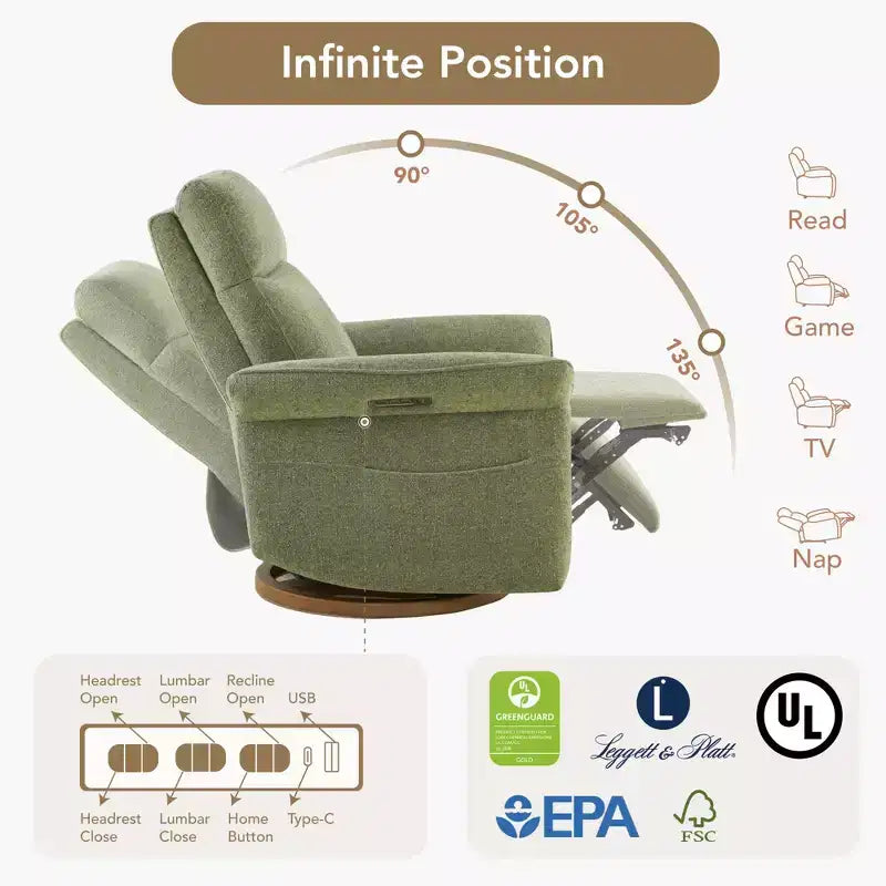Fauteuil inclinable pivotant motorisé à triple moteur avec fonction planeur pour chambre de bébé